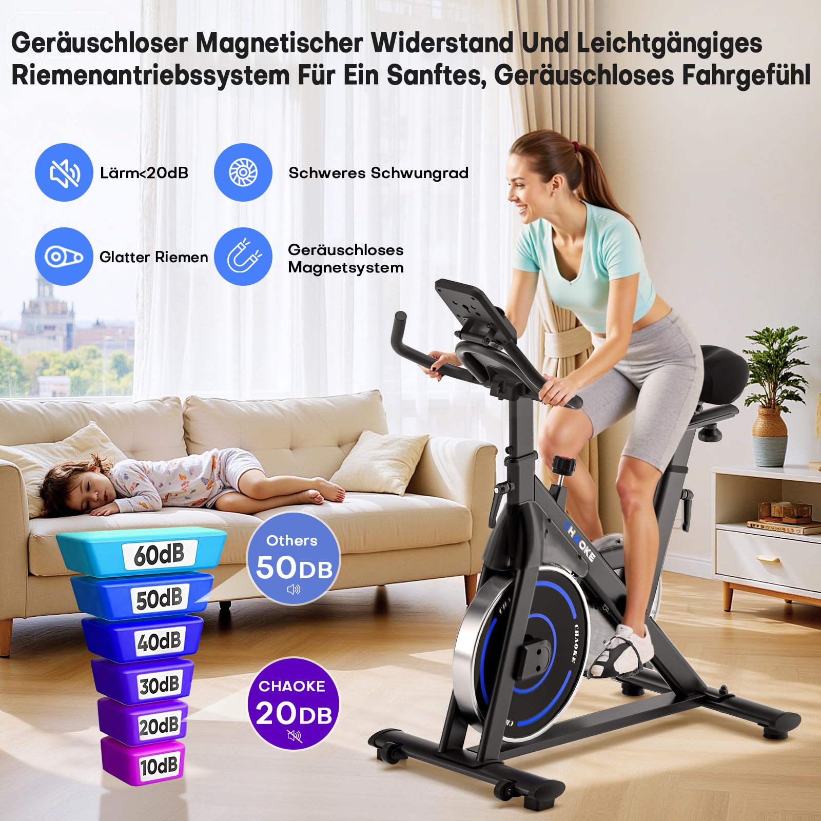 [UPGRADE] Heimtrainer Fahrrad mit APP, CHAOKE Hometrainer Fahrrad, Leises, Stufenlos Einstellbares Magnetsystem, Ergometer Heimtrainer mit LCD-Display, Indoor Fitnessbike für Zuhause, Bis 150KG