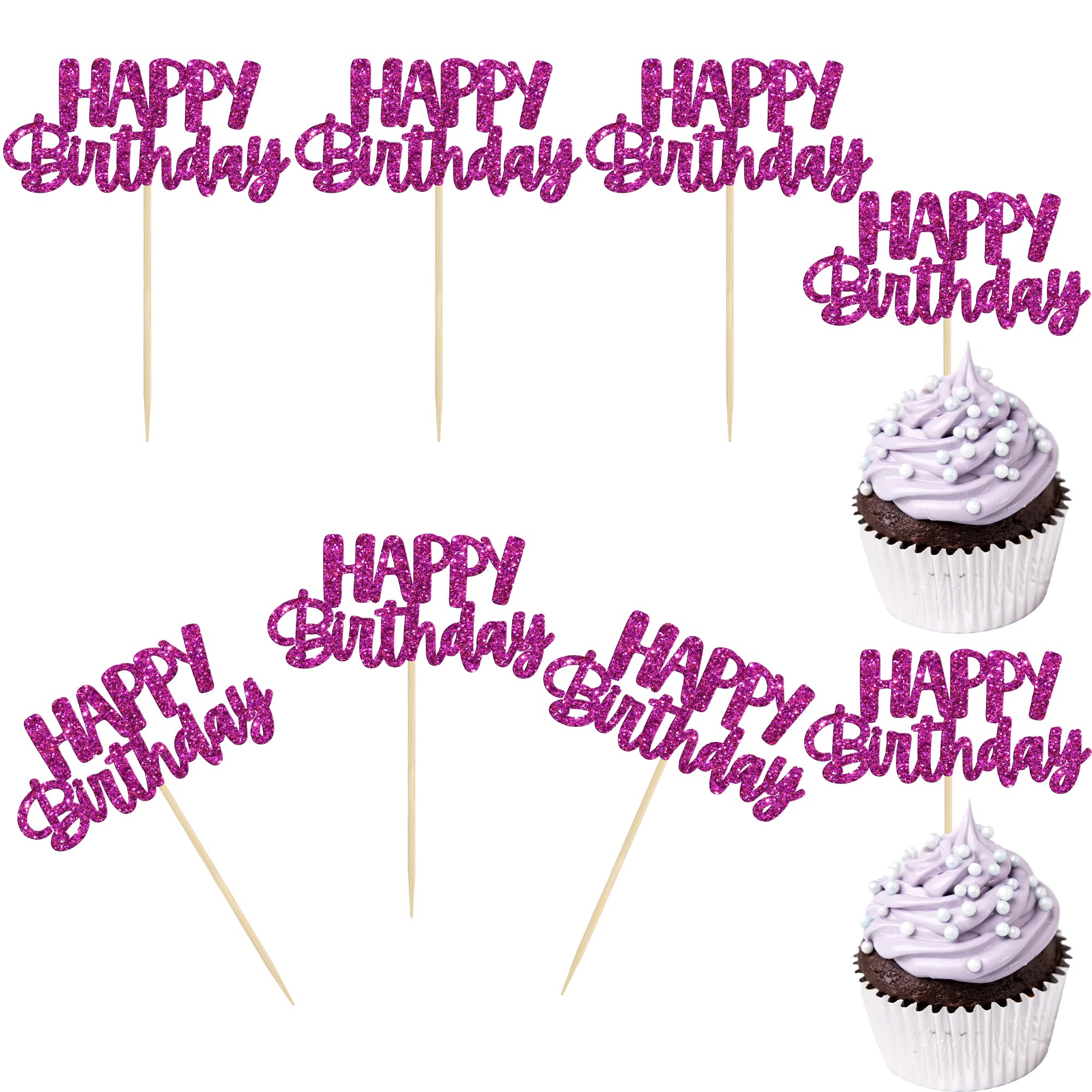 Gyufise 24Pcs Happy Birthday Cupcake Toppers Glitter Birthday Cupcake Food Picks for Celebrating Happy Birthday Theme Party Cake Decorations Supplies Purple