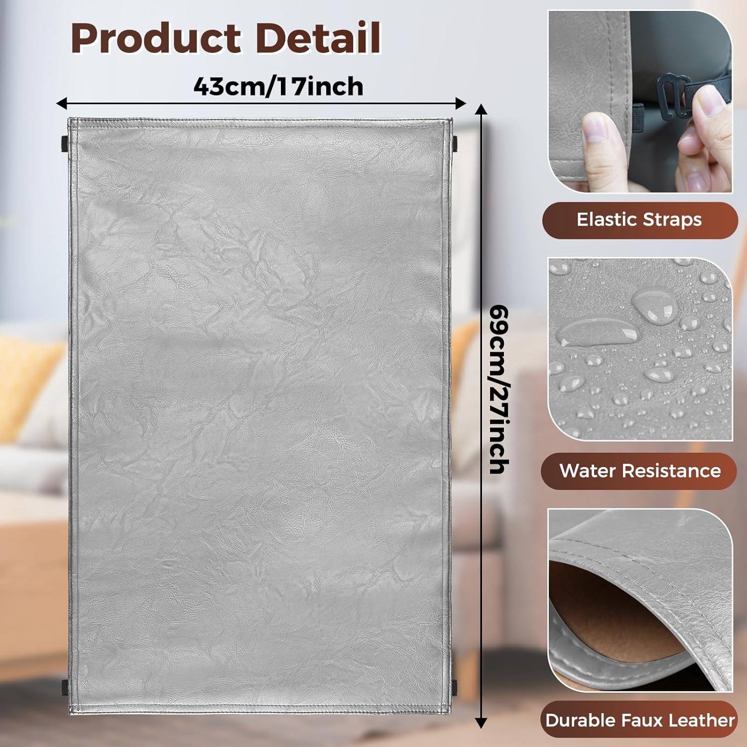 Headrest Cover for Recliner Chair Recliner Headrest Protector Faux Leather Headrest Cover with Elastic Straps Couch Headrest Cover for Furniture Sofa Protector 17 x 27In(Light Gray)