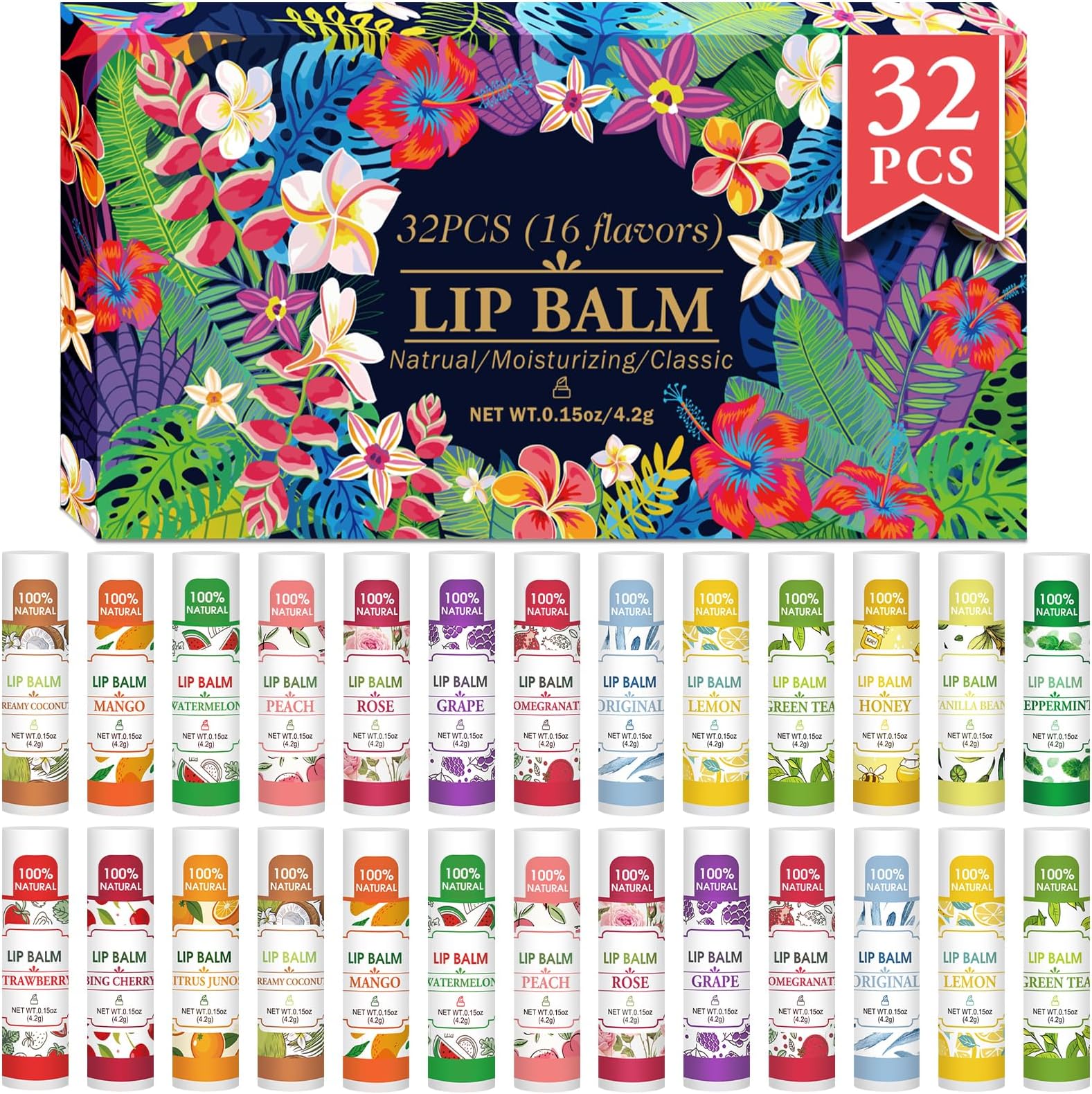 VISRIE 32 Pack Lip Balm, Natural Lip Balm Bulk with Vitamin E and Coconut Oil, Moisturizing Lip Balms for Dry Lips-16 Flavors