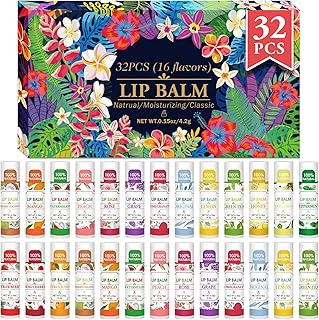 32 Pack Lip Balm, Natural Lip Balm Bulk with Vitamin E and Coconut Oil, Moisturizing Lip Balms for Dry Lips-16 Flavors