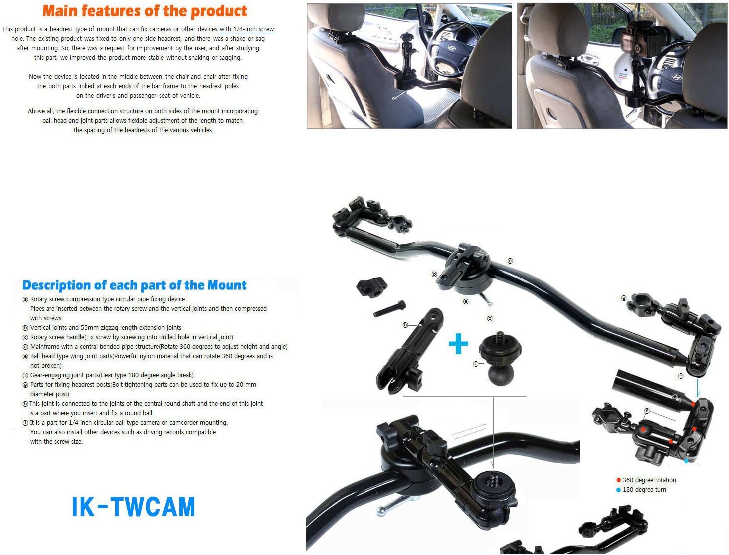 a bar Type headrest Mount fix on Both headrests for mounting Camcorder Action cam