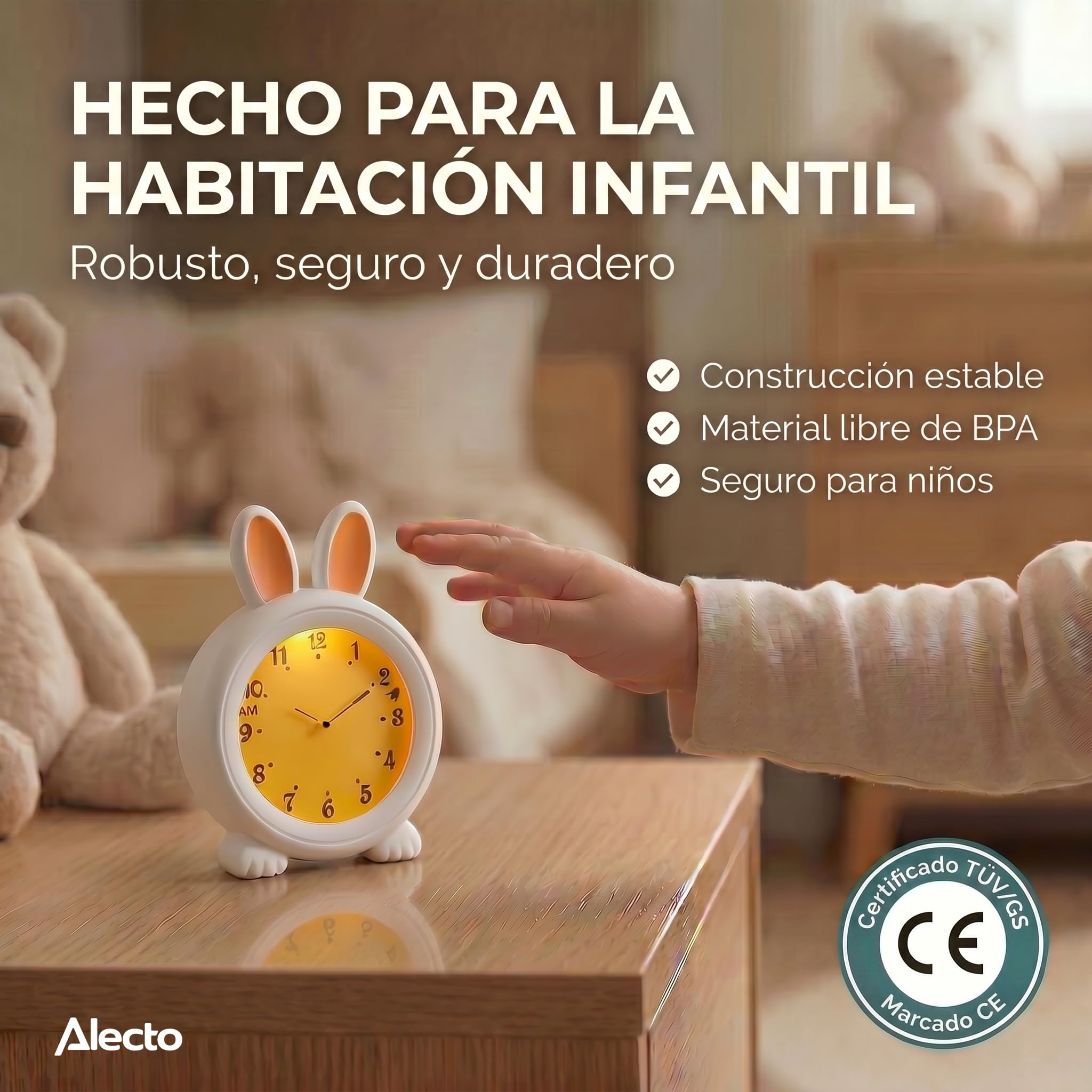 Alecto BC100BUNNY - Reloj Despertador Educativo con Alarma/luz Nocturna - Blanco