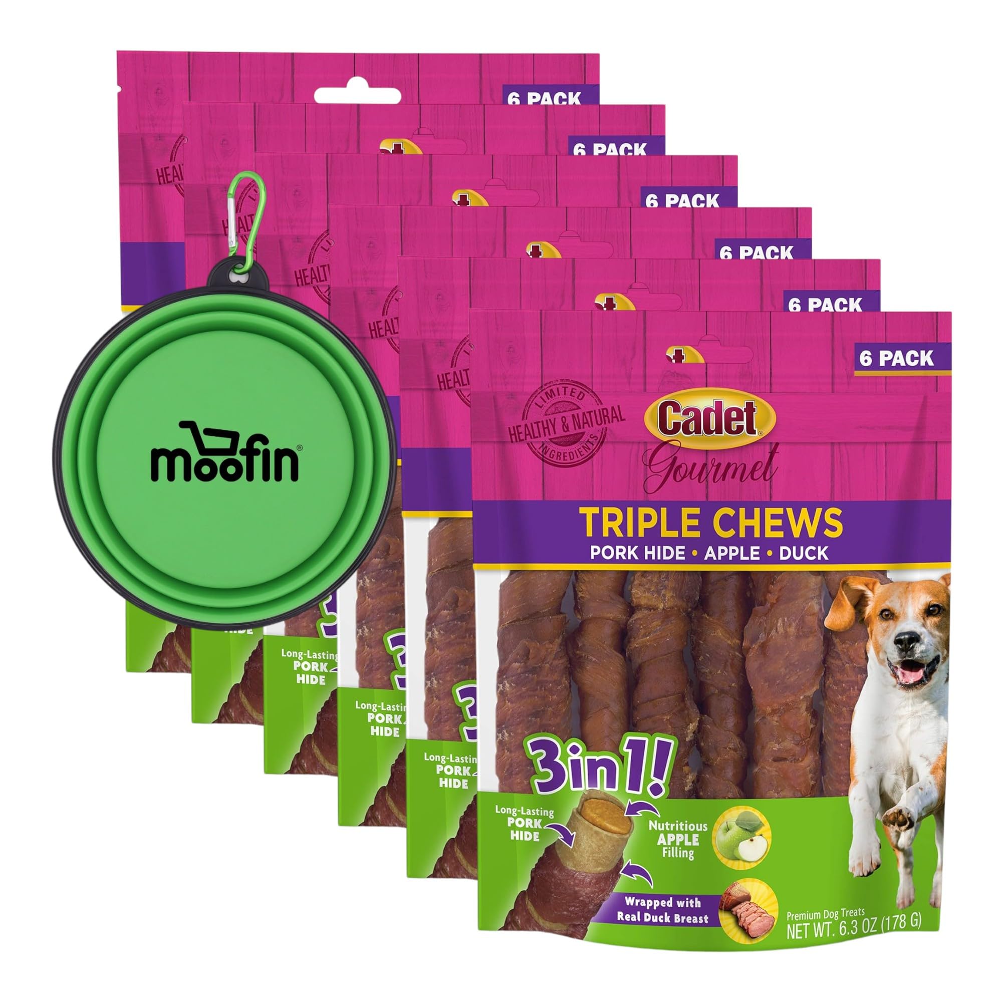 Gourmet Triple Chews Dog Treat Chew, Apple, Pork Hide & Duck Flavor, Bundle Silicon Pet Bowl, All-Natural Dental Health, Low-Calorie, Variety Pack, Manufactured in USA [Pack of 6]