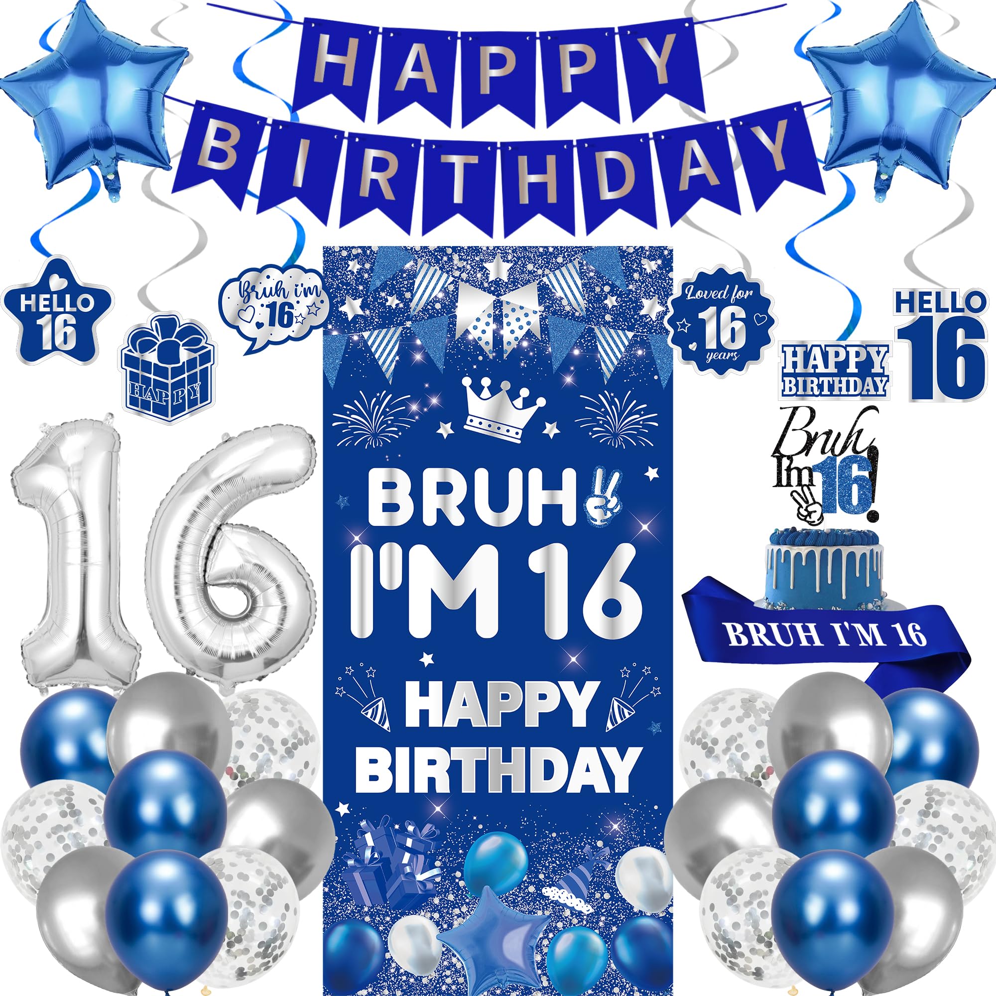 16th Birthday Decorations Boys Banner - 32 Pcs Blue Silver Bruh I'm 16 Banner Number 16 Foil Balloons Hanging Swirls Cake Topper Sash for Sweet Sixteen Year Old Party Supplies Decor