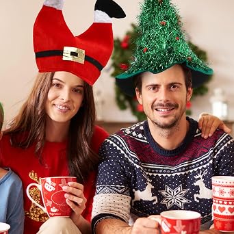 Vicenpal 10 Pcs Funny Christmas Santa Hats Christmas Tree Coil Santa Elf Pants Hat for Adults Xmas Dress up Photo Props