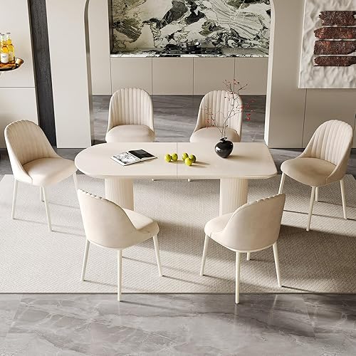 Modern White 70" Dining Table Set with 6 Chairs for Kitchen & Dining Room
