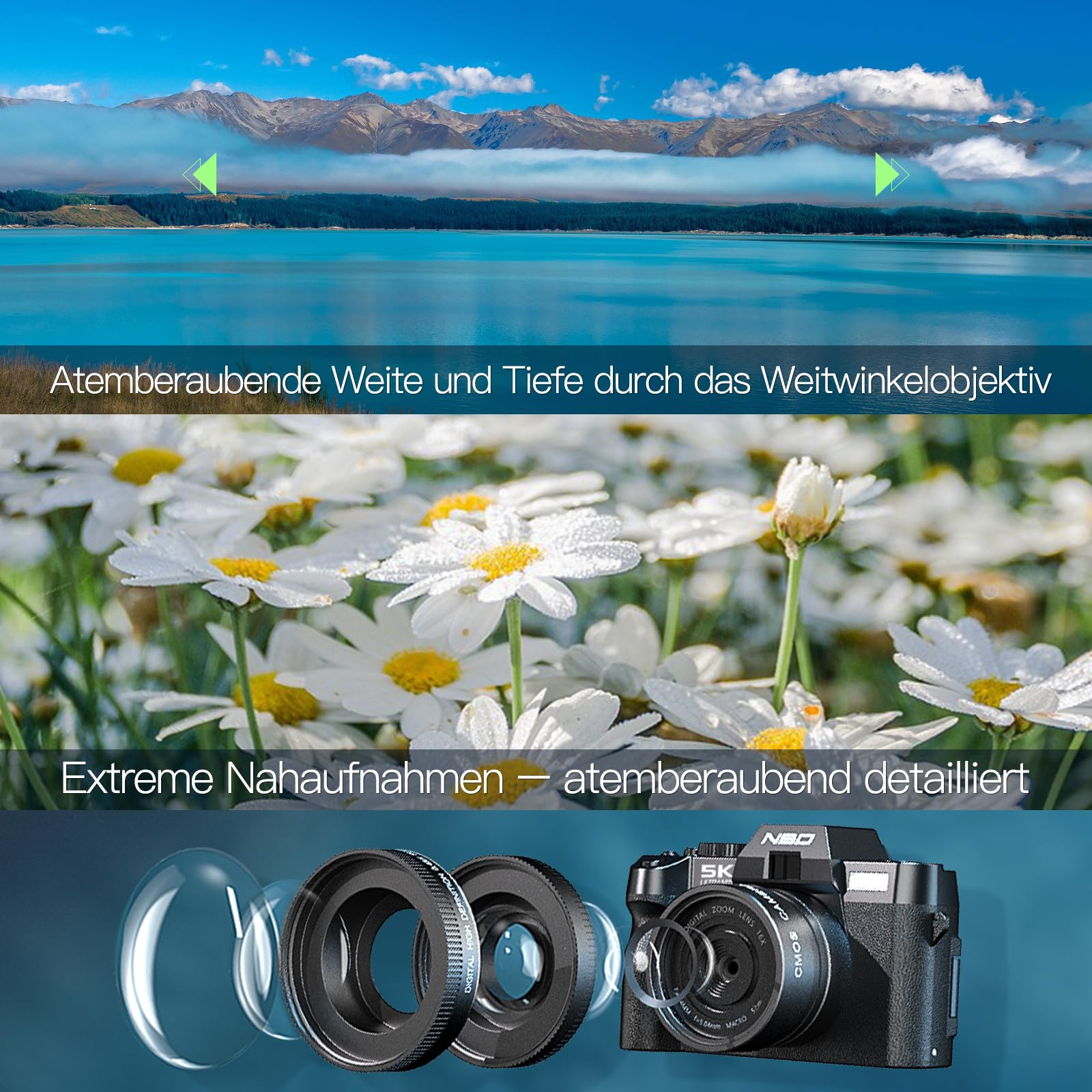 NBD 5K Digitalkamera 64MP mit Autofokus & 16X Zoom, 3" 180° klappbarem Display, WiFi – Inkl. Weitwinkel/Makro-Linse + Mikrofon + 64GB Karte + 2 Akkus (Schwarz)
