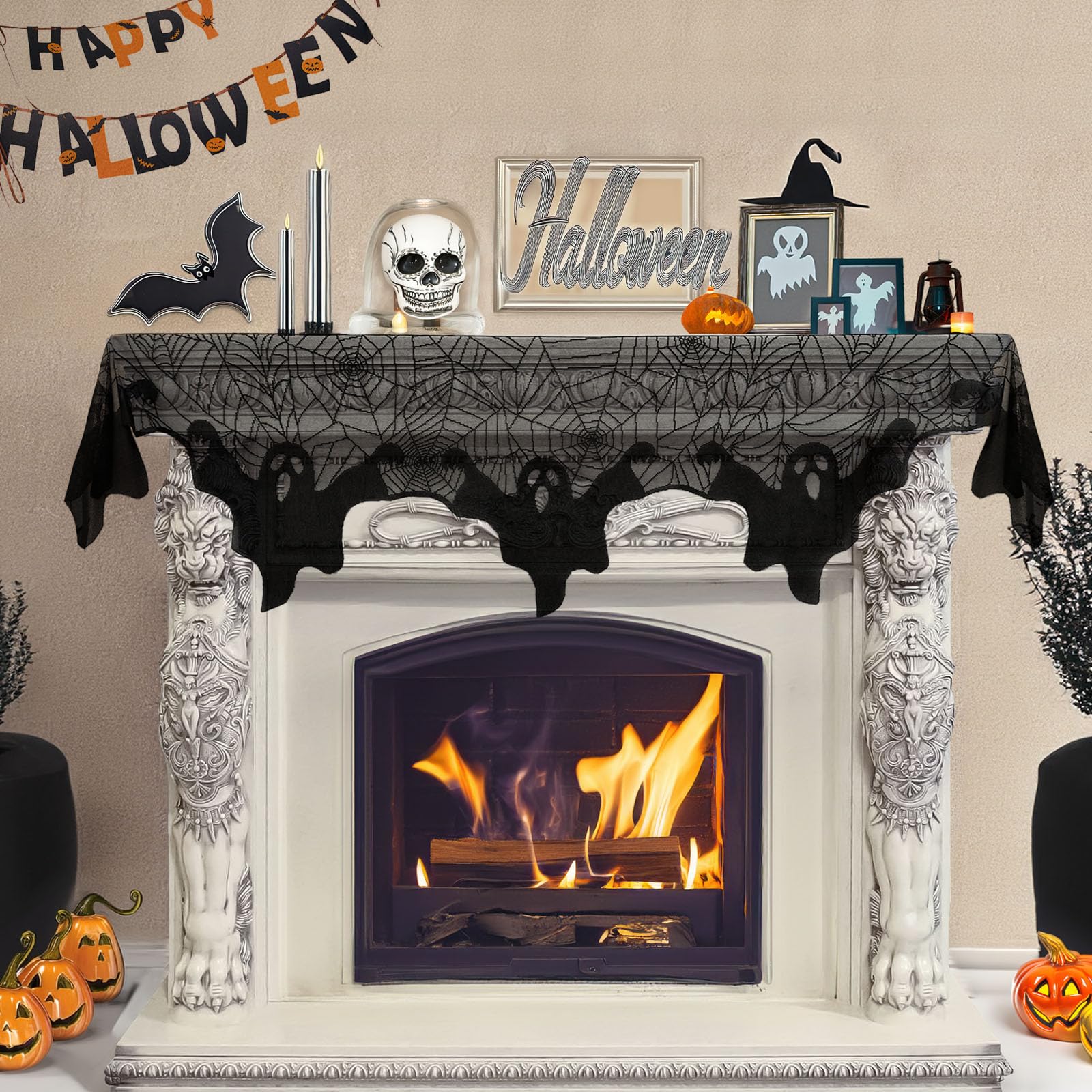 AerWo Halloween Decorations Indoor Ghost Spiderweb Fireplace Mantel Scarf