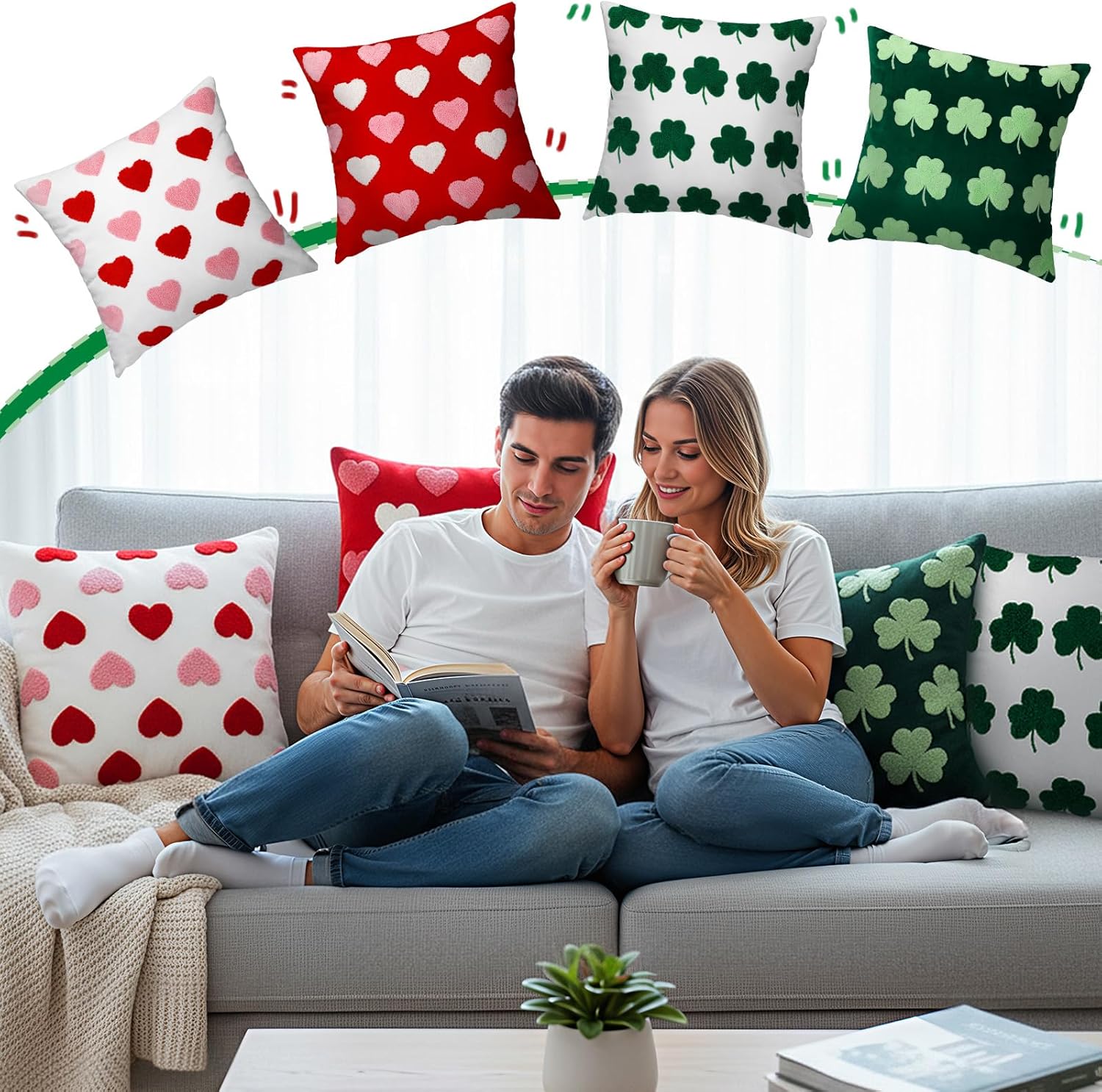 Oudain 4 Pcs St Patricks Day Pillow Covers 18x18 Inch Embroidery Shamrock Pillow Covers Valentine Cushion Cover Soft Holland Cloth St. Patrick Home Decor for Home Couch Sofa Bedroom Holiday Decor
