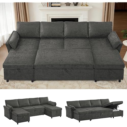 107 Inches Fabric Sectional Sofa with Pull Out Sofa Bed, Modern U Shaped Sofa with Throw Pillows, Comfortable Sleeper Couch with Storage Chaise for Living Room, Grey