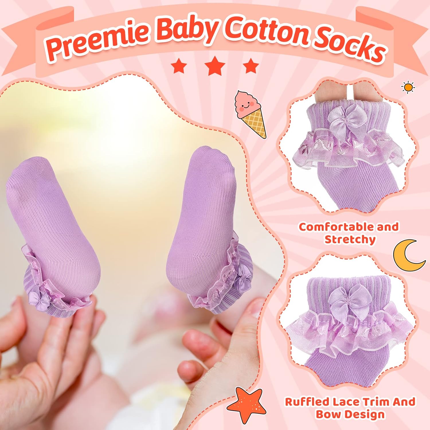 Sintege 20 Pairs Preemie Socks Baby Girls Boys Lace Ruffle Cotton Sock Hospital Nicu Socks for Premature Newborn - Image 5