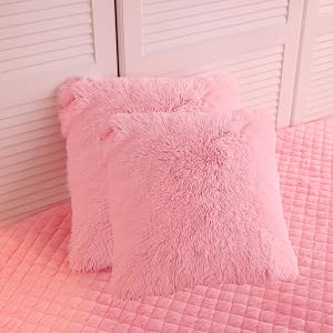 LIFEREVO 2 Pack Shaggy Plush Faux Fur Pillow Shams,Decorative Throw Pillow Cover,Home Decor Square Velvety Luxury Pillowcases Decorations Soft Cushion Case for Sofa Bedroom Car(Pink,18"x18")