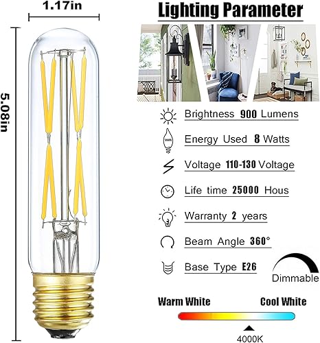 Miniatura 6 de Bombilla LED T10, bombillas tubulares LED regulables de 8 W, equivalente a 75-100 vatios, 850 lm, vidrio transparente, bombilla base E26, para