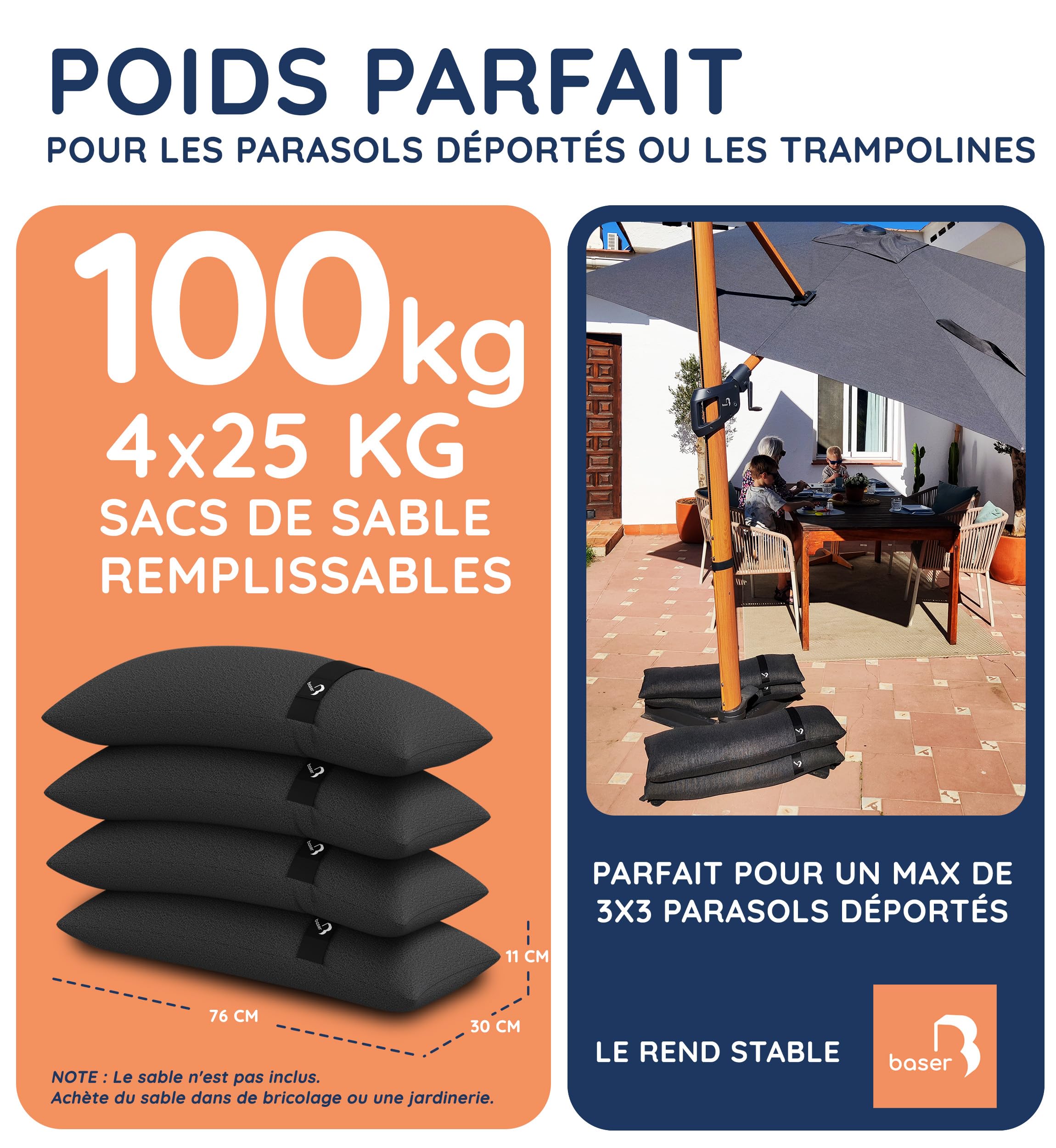 Baser Poids pour tonnelle Sacs de Sable 4x25kg – Lestage XXL (100kg) pour Barnum Pliant & Parasol – Sac Jardin Résistant aux intempéries, sans Sable