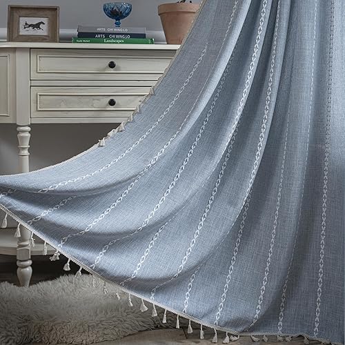 Miniatura 2 de Cortinas de lino azul pizarra de 84 pulgadas de largo, 2 paneles, bolsillo para barra, estilo granja, bordado blanco, a rayas, de algodón, para