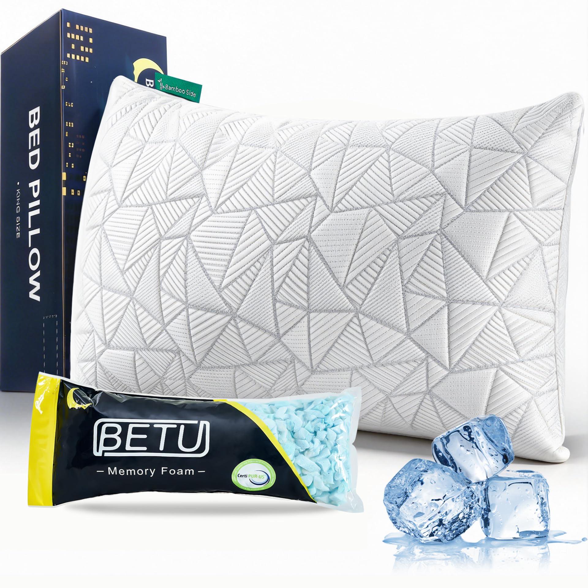 BETU Standard Pillow, Cooling Shredded Memory Foam Pillow for Hot Sleepers College Dorm Room Essentials, Adjustable Firm Gel Cool Pillow for Back Pain and Side Sleeping, Birthday Gifts for Boyfriend