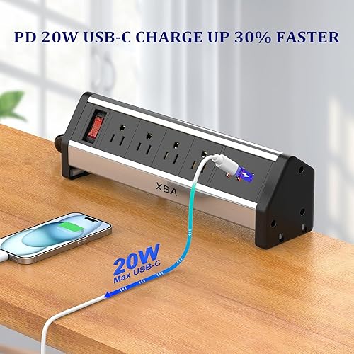 Miniatura 2 de Regleta de alimentación con abrazadera de escritorio con PD 20W USB-C, estación de carga de escritorio con 4 tomas amplias, 3 puertos USB para borde