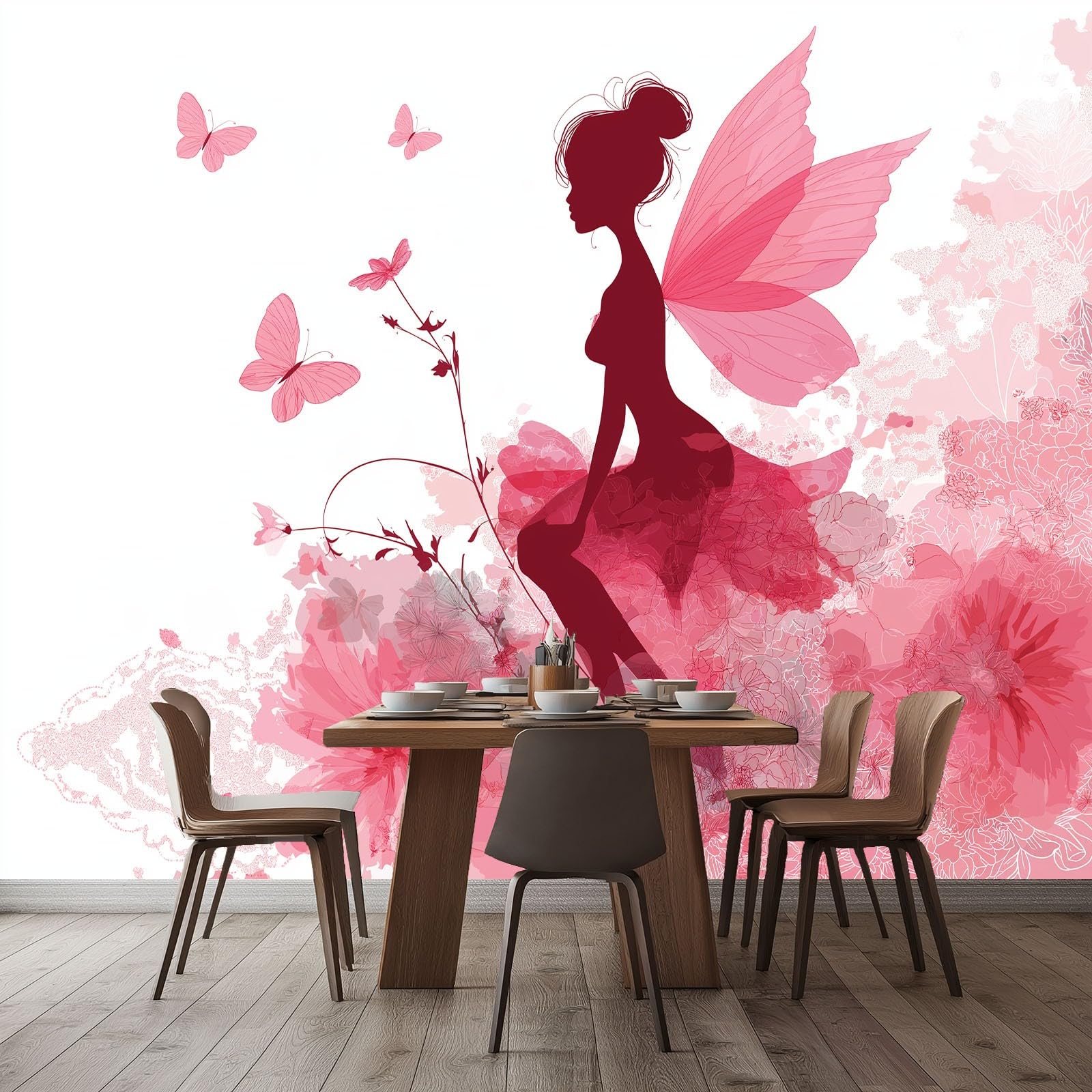 Fototapeta kreskówka motyl dziewczyna kwiaty murale 200 x 140 cm (szer. x wys.), 3D tapeta do pokoju dziecięcego, styl marzeń, mural sztuka ścienna, plakat, obraz, chłopiec, dziewczyna, sypialnia