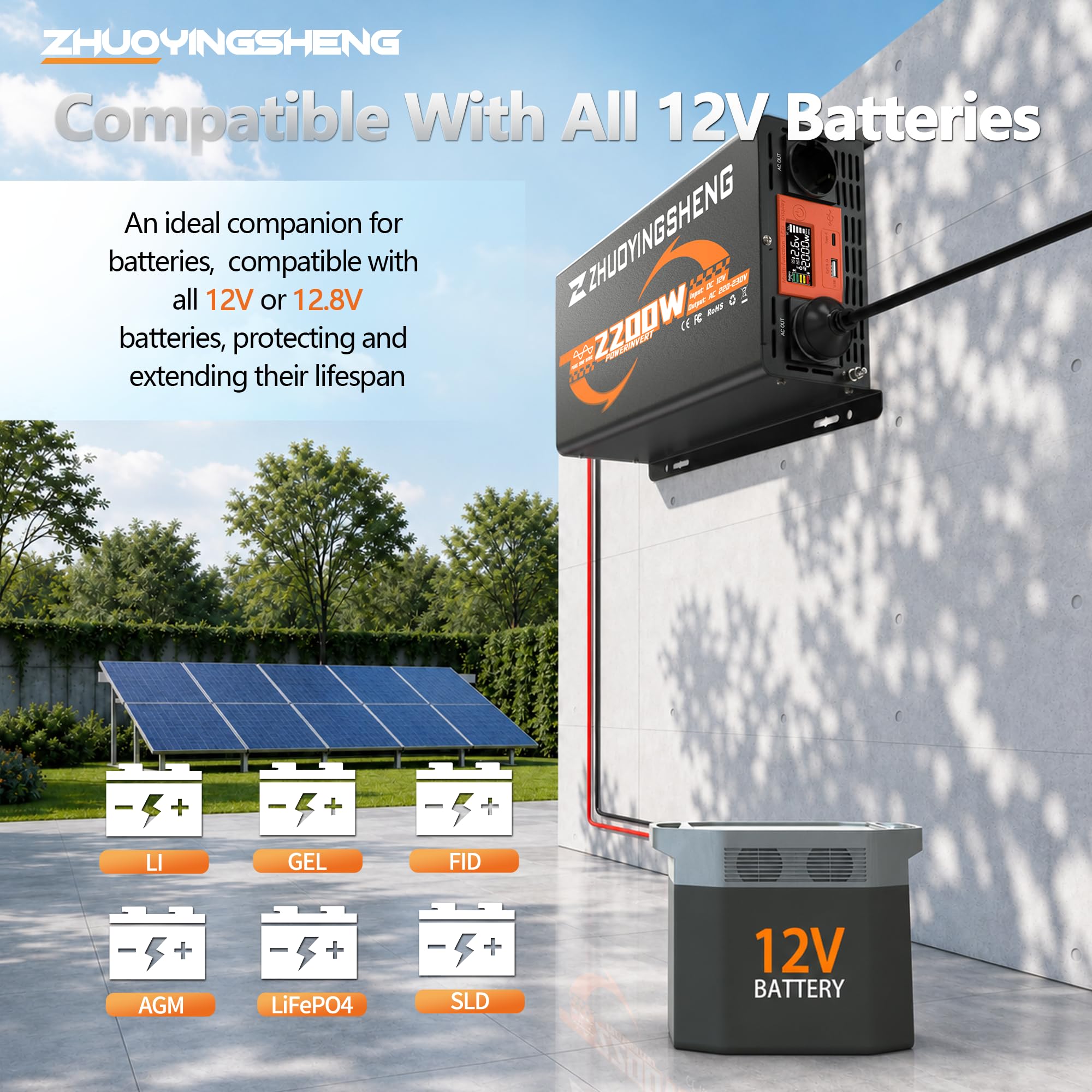 ZYS 2200W Convertisseur 12v 220v Pur Sinus ，Transformateur，Onduleur Pur Sinus，avec télécommande，LCD，2 Prises EU，1Ports USB，1 Interface PD30W Type-C，per Camions，VéHicules， Camping