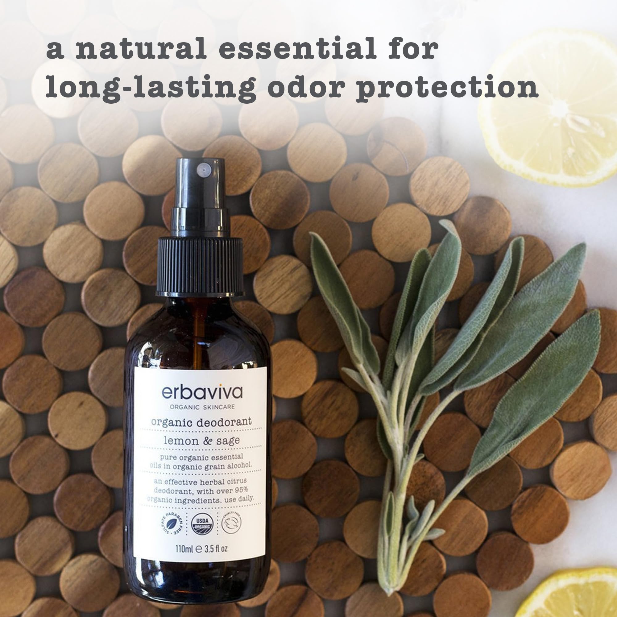 Erbaviva Lemon & Sage Organic Deodrant 3.5 Fl Oz - Underarm Spray with Powerful All Natural Essential Oils - Unisex Warm & Woodsy Smelling Deodorant For Odor Protection, Aluminum and Chemical Free