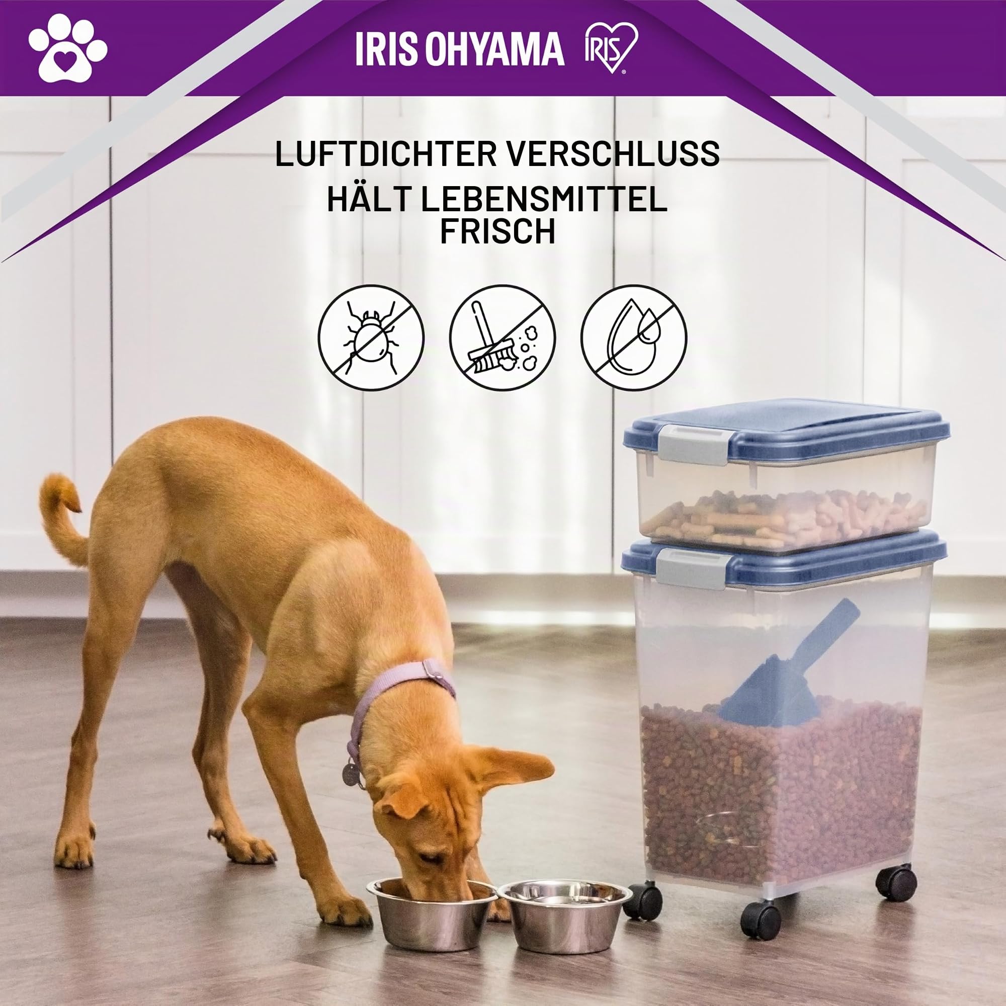 Iris Ohyama Katzenfutter Aufbewahrung mit Rollen, 30L+10L, Blau, Luftdichte Futterbox, Trockenfutter, Futterbehälter, Für Hunde, Katzen, Tierfutterbehälter, Schaufel, BPA-frei, Futtertonne, MP-8&MP-1