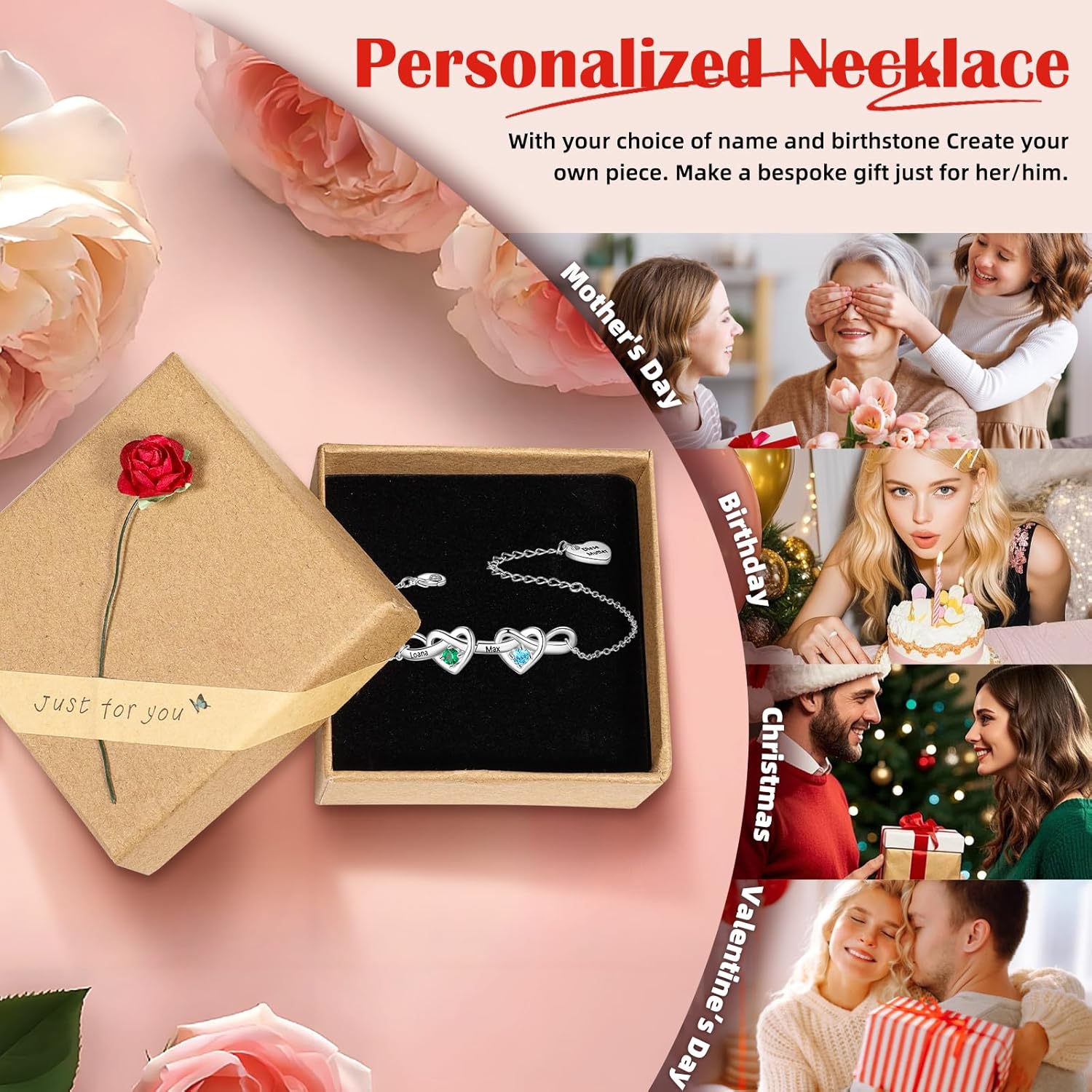 Fortheday Personalized Birthstone Bracelets for Women Infinity Love Heart Charm Name Bracelet with 1-8 Birthstones Jewelry Mothers Day Christmas Birthday Gifts for Mom Wife Grandma