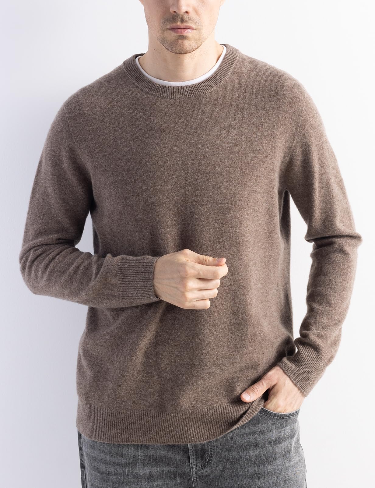 Chanyarn Herren 100% Merinowolle Pullover First-Line Tragefertig Rundhalsausschnitt Lange Ärmel Nahtloser Strickpullover