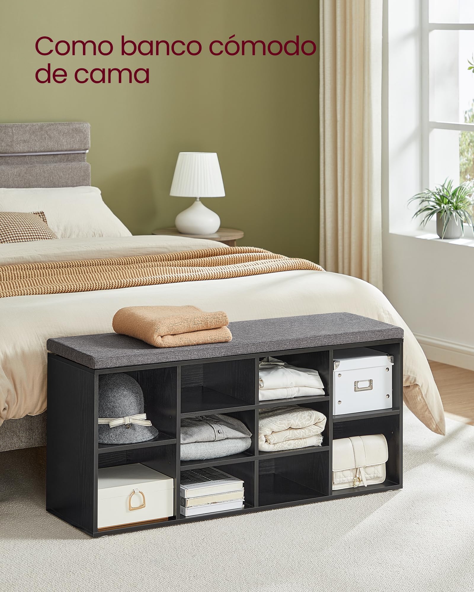 VASAGLE - Banco para Zapatos, Banco de Almacenamiento con cojín Acolchado, 10 Compartimentos, estantes Ajustables, para Sala de Estar, Pasillo, 30 x 104 x 48 cm, Negro leñoso LHS010B07