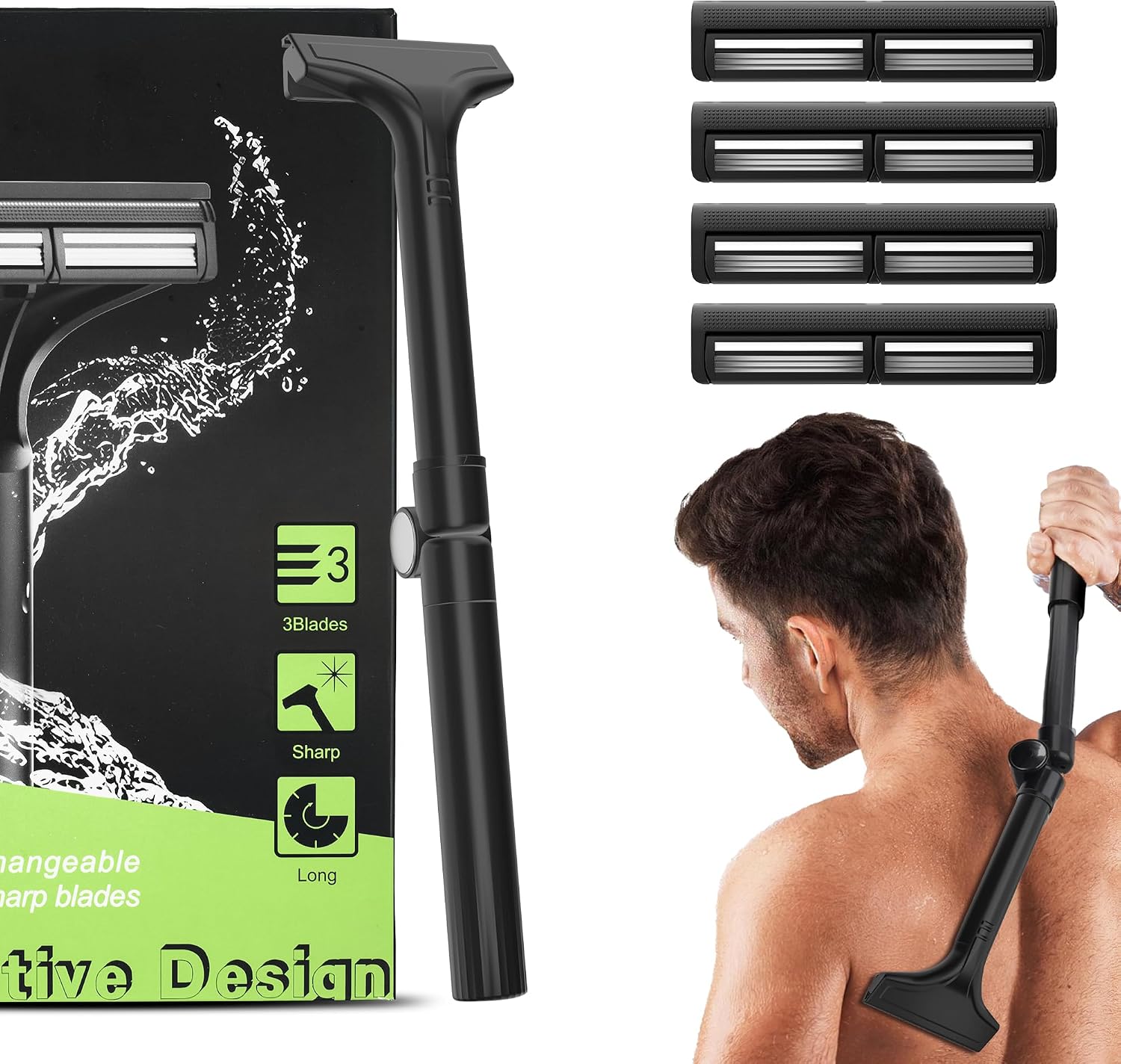 Manual Back Shaver for Men with Long Extendable Handle, Body Back Hair Trimmer for Men with 4 Replaceable Blades, Self-Service Body Groomer Razor, Wet & Dry Shaver for Easy Hair Removal