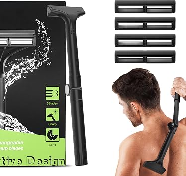 Manual Back Shaver for Men with Long Extendable Handle, Body Back Hair Trimmer for Men with 4 Replaceable Blades, Self-Service Body Groomer Razor, Wet & Dry Shaver for Easy Hair Removal