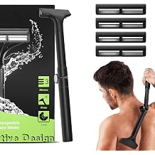 Manual Back Shaver for Men with Long Extendable Handle, Body Back Hair Trimmer for Men with 4 Replaceable Blades, Self-Service Body Groomer Razor, Wet & Dry Shaver for Easy Hair Removal