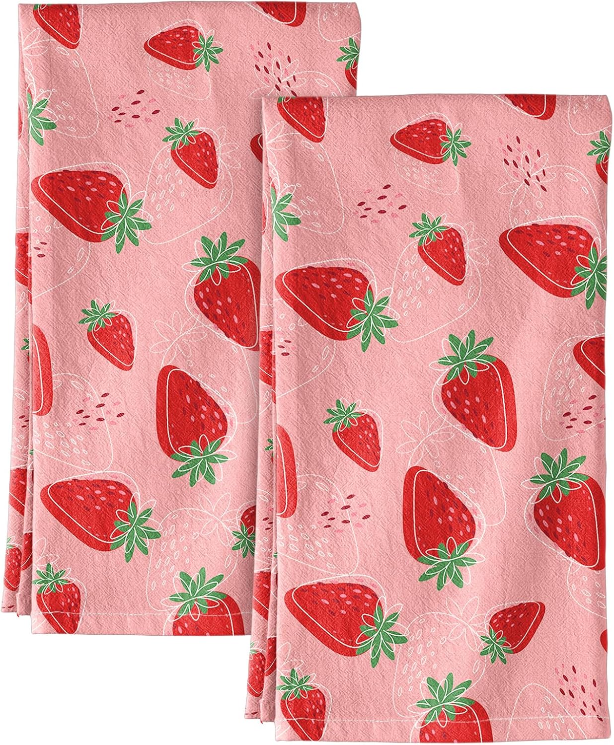 Flour Sack Kitchen Towels Set of 2-18x26 Cotton Dish Towels with Hanging Loop Reusable Tea Towel for Cleaning Spring Absorbent Dishcloths Cute Home Decor Housewarming, Line Strawberry