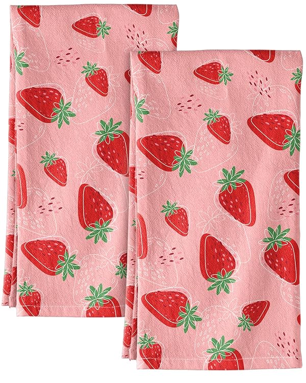 Miss Adola Flour Sack Kitchen Towels Set of 2-18x26 Cotton Dish Towels with Hanging Loop Reusable Tea Towel for Cleaning Spring Absorbent Dishcloths Cute Home Decor Housewarming, Line Strawberry by Miss Adola - Used condition - US$11.96