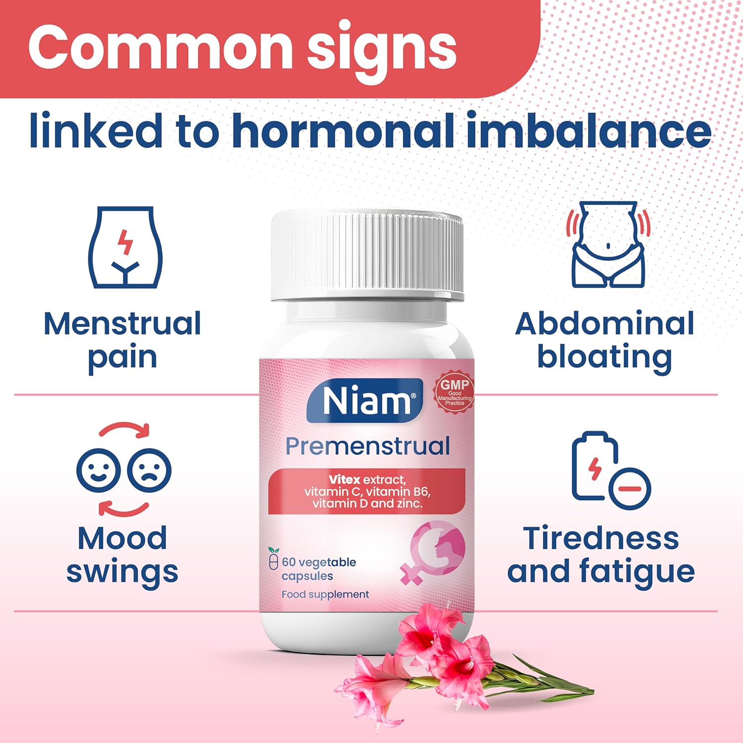 Vitex Agnus Castus 350 mg | Hormonal Balance & Cycle Support | Chasteberry, Vitamins B6, D, C & Zinc | 60 Capsules | Niam Premenstrual
