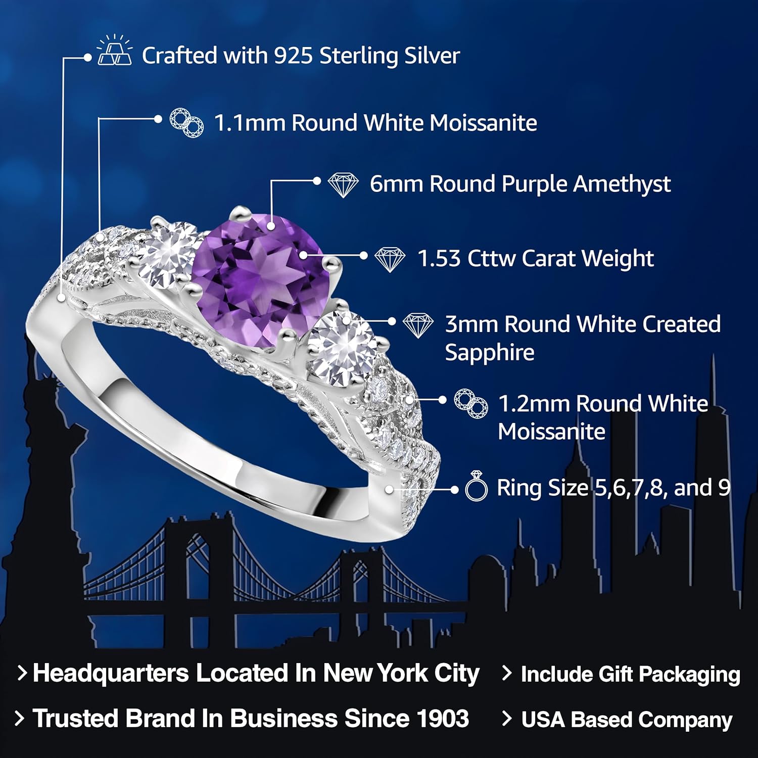 Gem Stone King 1.53 Cttw Purple Amethyst White Created Sapphire and White Moissanite Engagement Ring For Women | 925 Sterling Silver | Gemstone February Birthstone | Round 6MM and 3MM