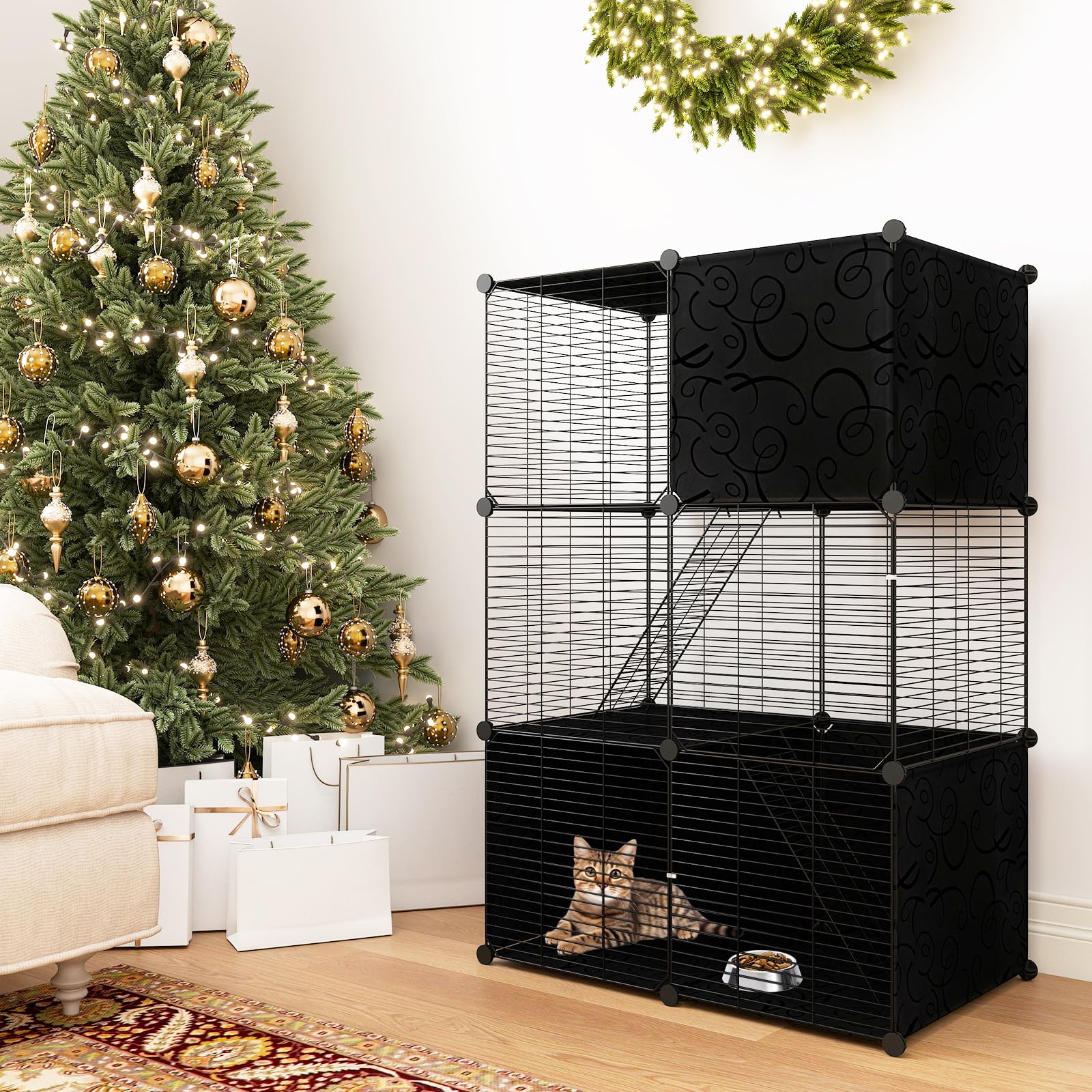 GYMAX Cage Métallique d'Intérieur pour Chat 3 Niveaux avec 2 Échelles 3 Portes