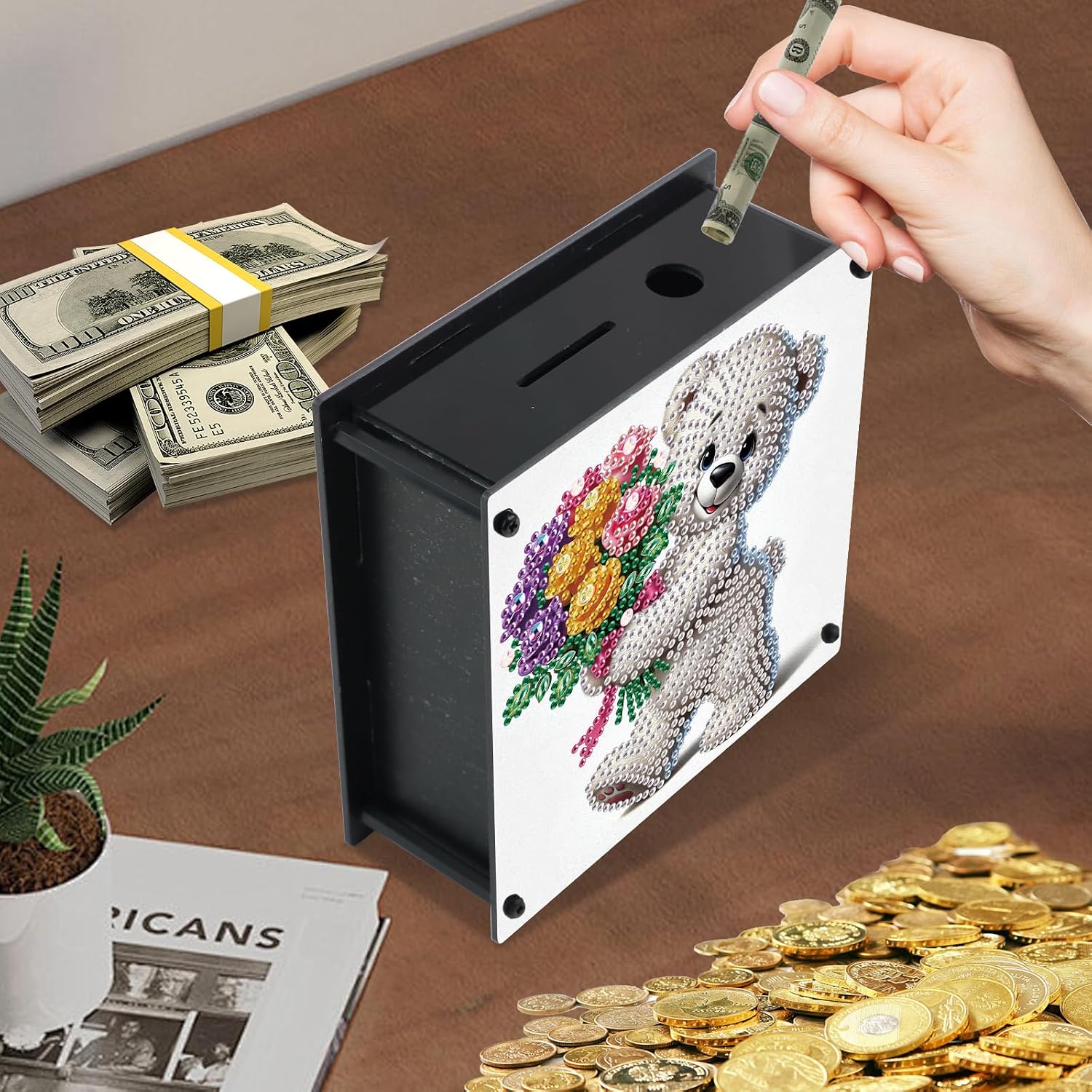 Antor DIY Cute Bear Diamond Art Piggy Bank for Adults, 5D Special Shaped Diamond Painting Acrylic Money Box Kit, Flower Bouquet Rhinestone Craft Coin Bank for Home Decor or Valentine's Day Gift image 4