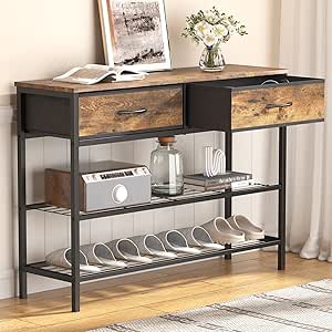 COSTWAY Houten consoletafel, met laden en metalen frame en 2 planken, smalle gangtafel, bijzettafel met kantelbeveiliging, voor entree en woonkamer ( vintage
