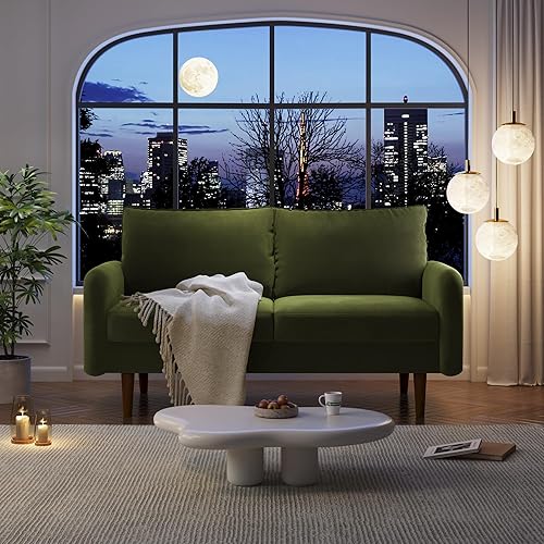 Miniatura 4 de Cómodo sofá biplaza de tela de terciopelo de 58 pulgadas de ancho con asiento profundo y patas de madera maciza, moderno sofá reclinable de mediados