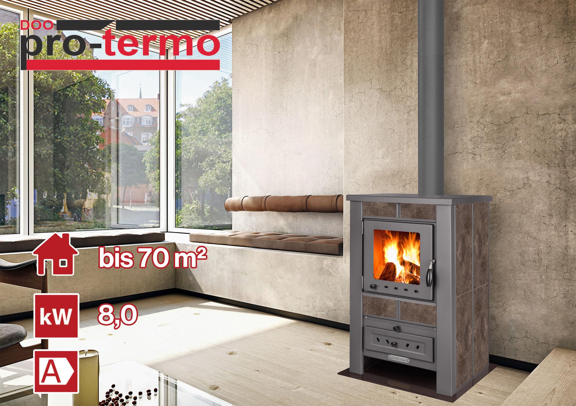 ProTermo Alpina G Mokka Kaminofen mit Schamottstein - 8 kW Heizleistung - Kaminofen Holzofen mit Sichtfenster, Bauart 1