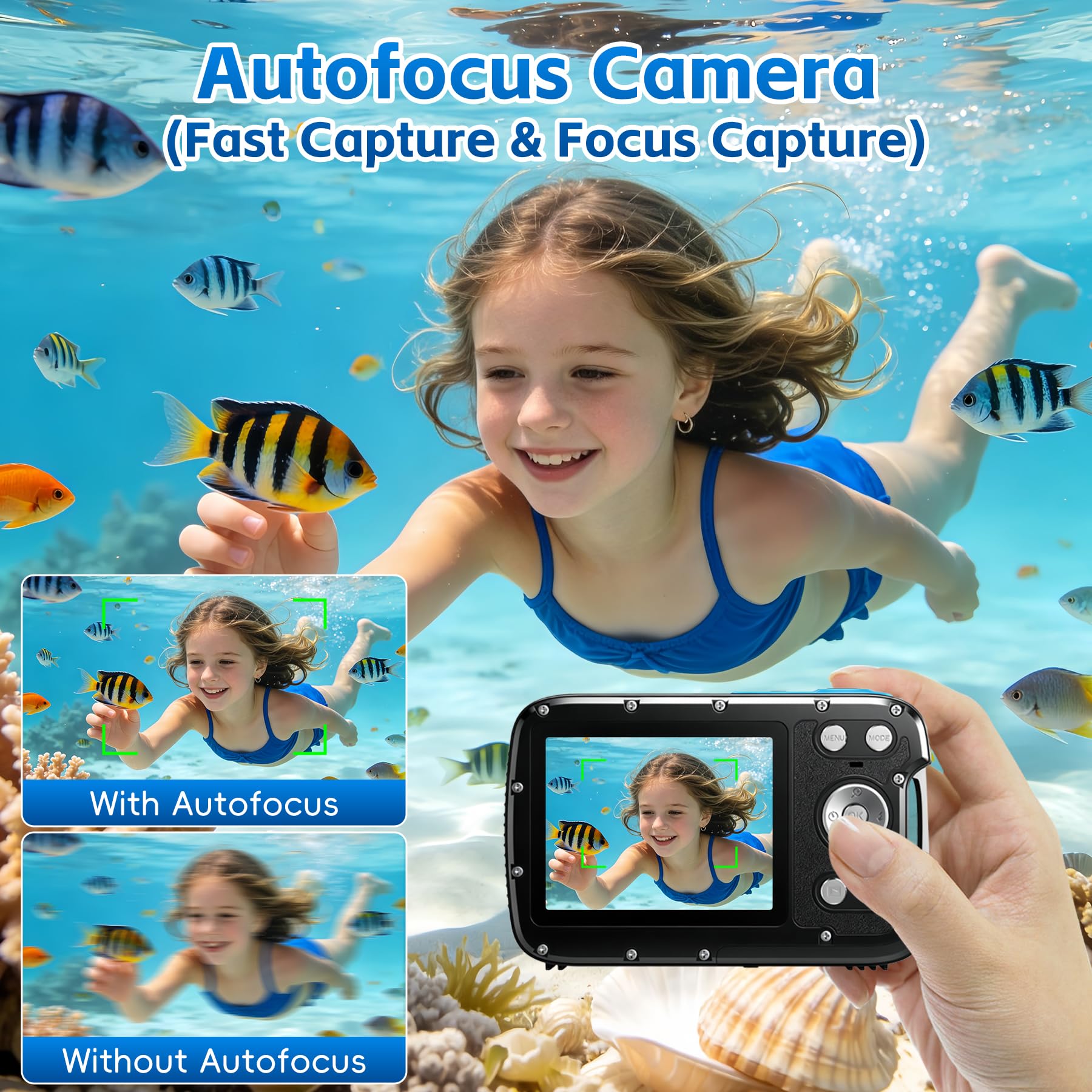Fotocamera subacquea 4K 17FT Fotocamera impermeabile con scheda da 32 GB Autofocus da 48 MP Fotocamera subacquea per selfie a doppio schermo Fotocamera subacquea per snorkeling Fotocamera digitale