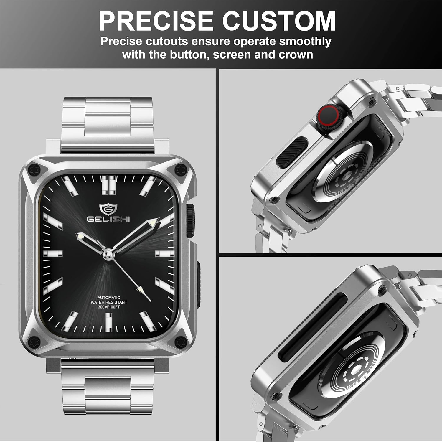 GELISHI Compatible with Apple Watch Band 44mm Men,Metal Rugged Case Bumper Full Protective Cover with Stainless Steel Band Replacement Strap for Watch Series 6 SE 5 4, Silver