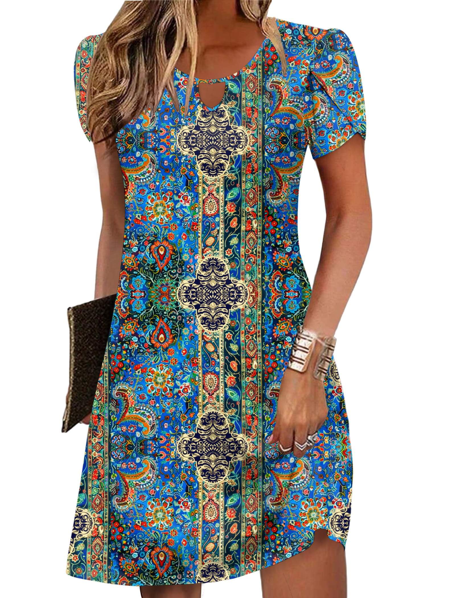 Zeagoo Women's Casual A-Line Dresses with Pockets Summer Floral Tshirt Dress Short Sleeve Mini Dress Flowy Sundresses