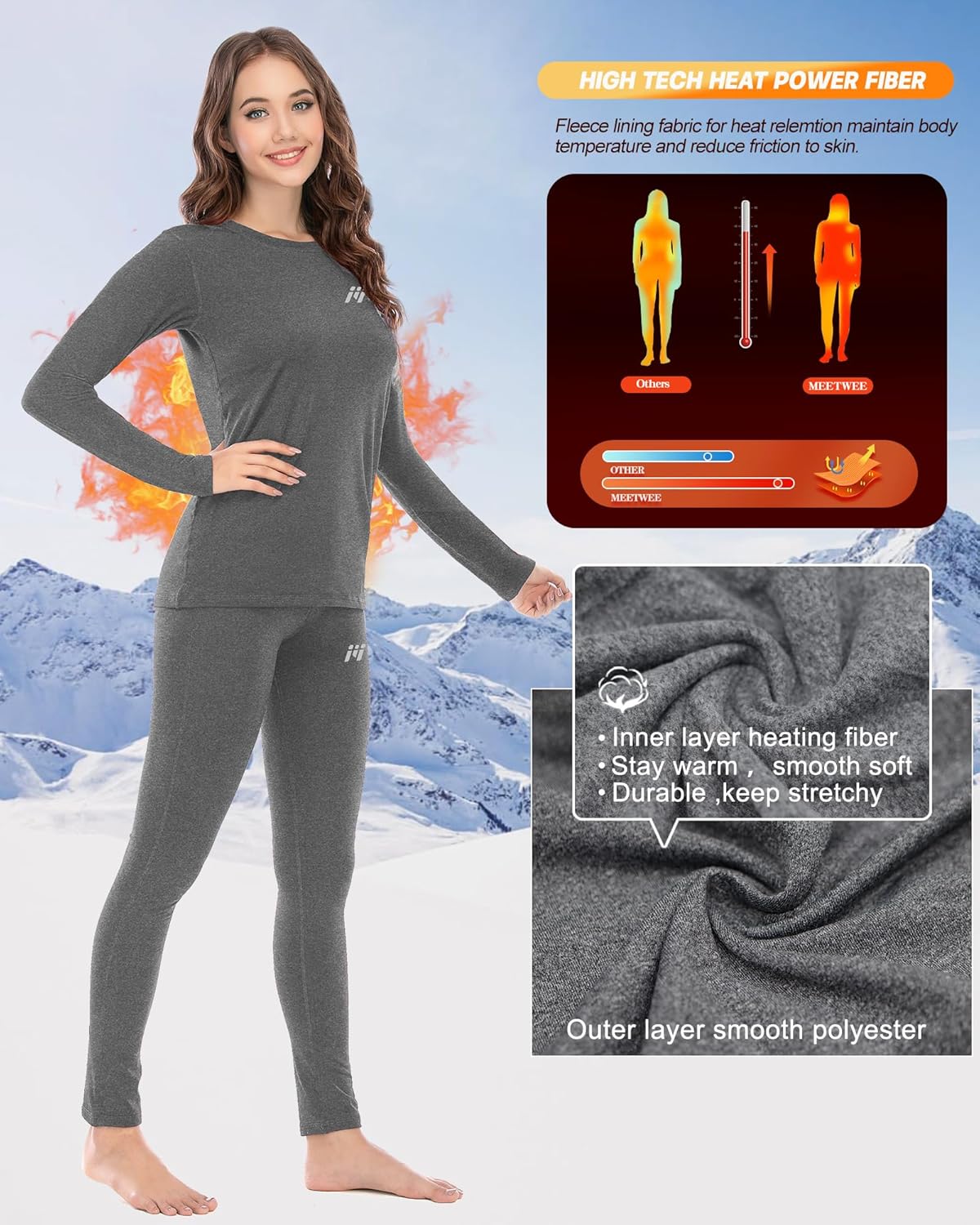 MEETWEE Women Thermal Underwear, Winter Warm Base Layer Compression Set, Fleece Lined Long Johns Running Skiing - Image 3