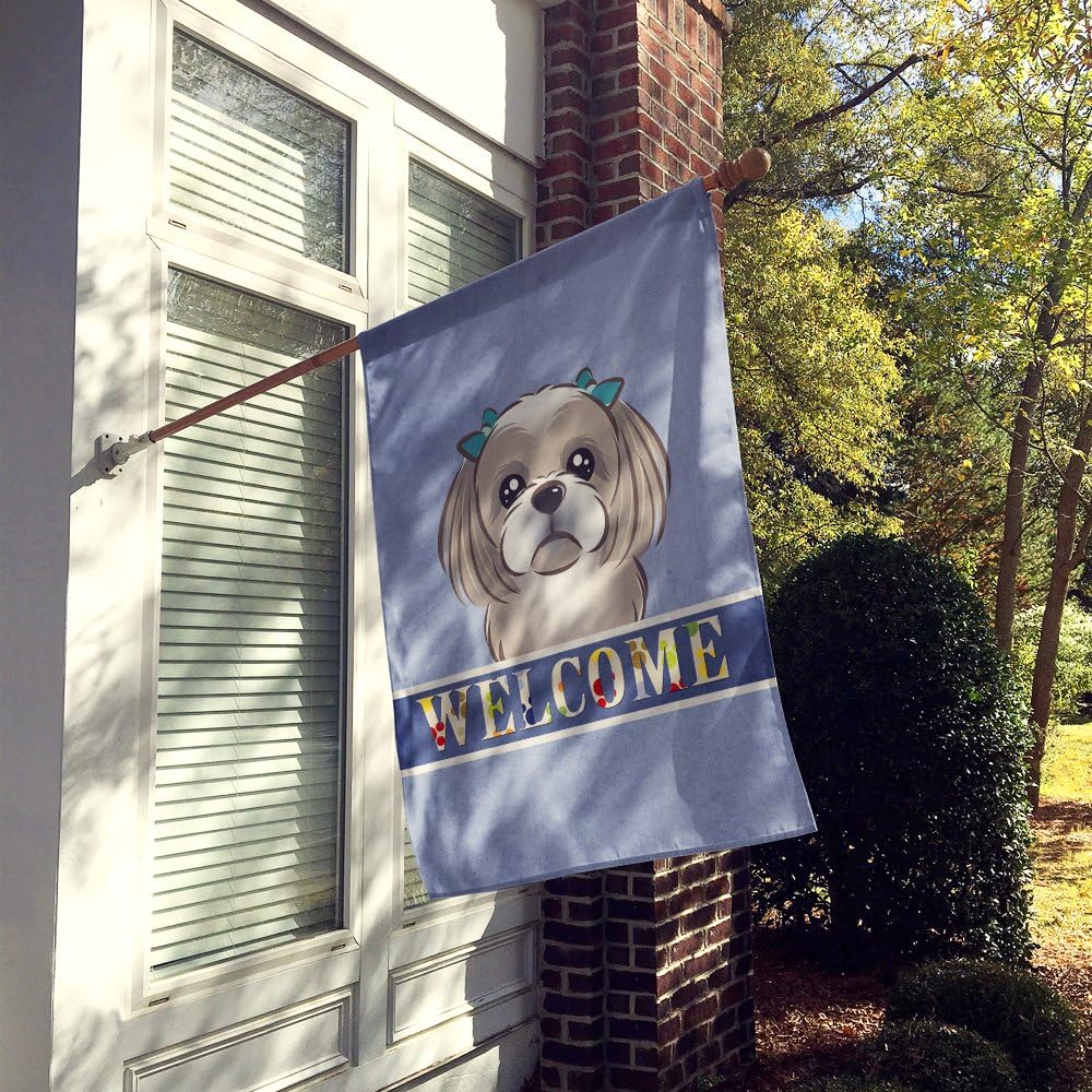 Caroline's Treasures BB1436CHF Gray Silver Shih Tzu Welcome House Flag, Blue Large Porch Sleeve Pole Decorative Outside Yard Banner Artwork Wall Hanging, Polyester, House Size, Multicolor