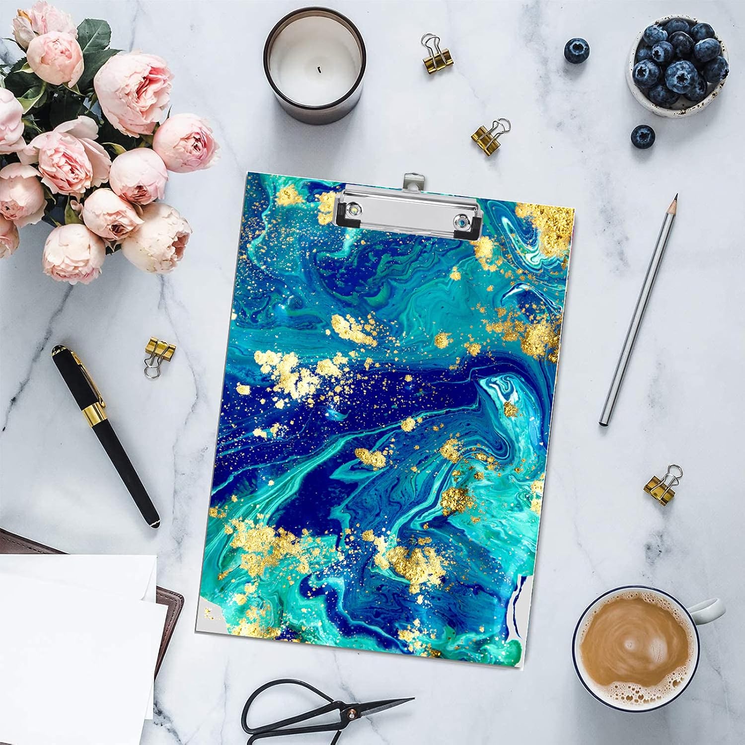2 Pack Clipboards, MAPRIAL Fashion Decorative Marble Letter Size Hardboard with Low Profile Clip A4 Standard Designed for Nurses, Students, Classroom, Office, Women, Man, Kid, Cyan and Gold(12.5"x9") : Office Products