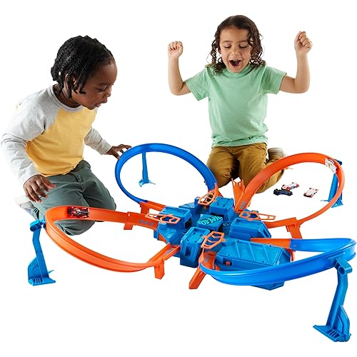 Hot Wheels Track Set with 1:64 Scale Toy Car, 4 Intersections for Crashing, Powered by a Motorized Booster, Criss-Cross Crash Track (Amazon Exclusive)