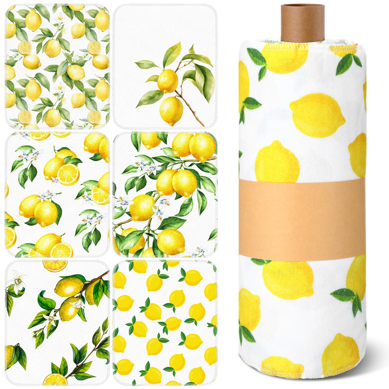 Redbaker 30 Pcs Reusable Paper Towels Rolls Towels Bulk Kitchen Washable Paperless Cloth Cotton Hand Napkins with Cardboard Reusable Napkins for Kitchen Bathroom (Lemon Style)