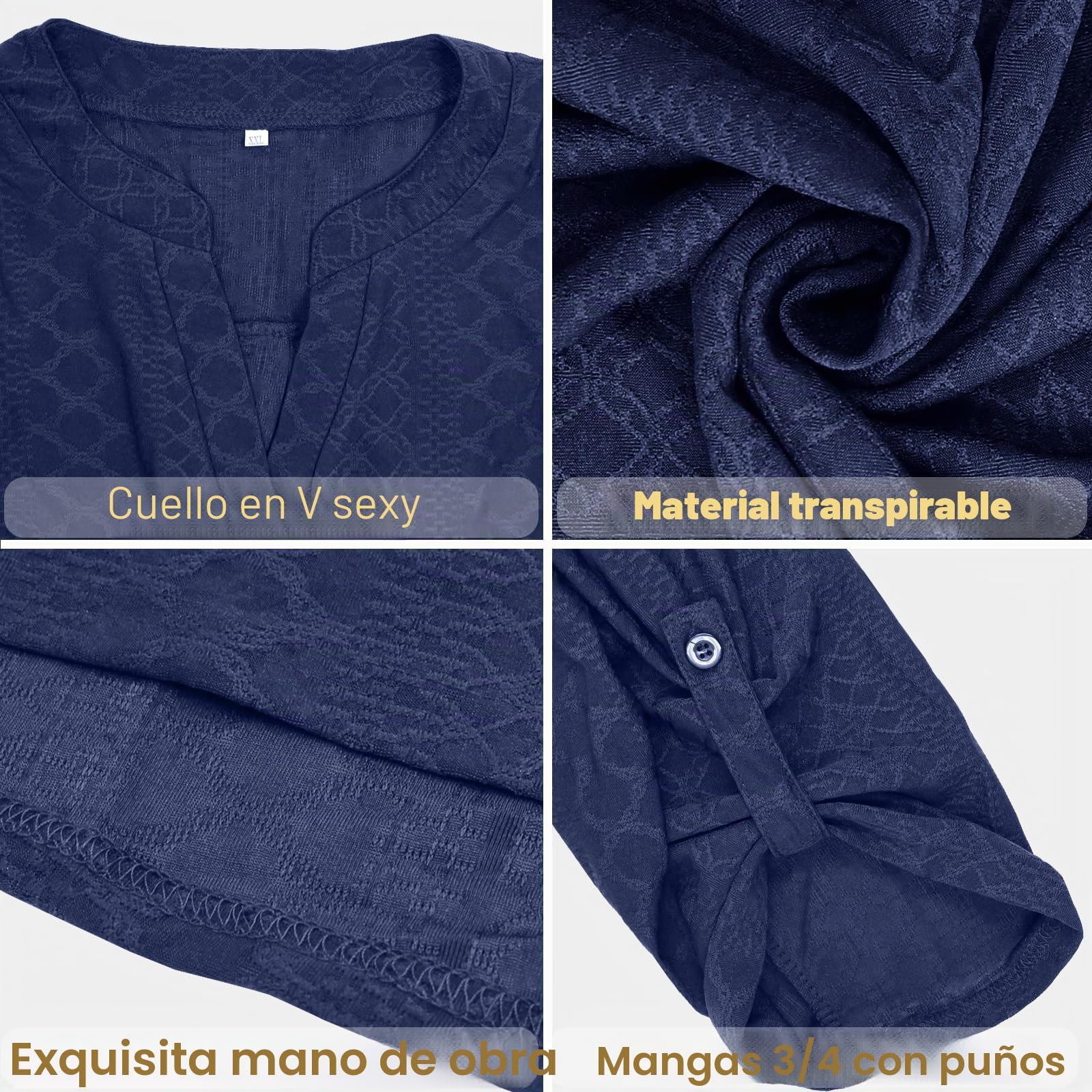 HANERDUN Blusas de Mujer Elegantes Camisa Manga Larga 3/4 Ropa Elegante Cuello en V Primavera
